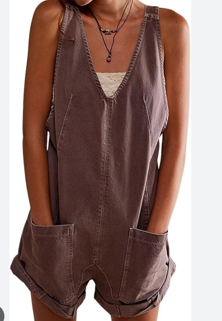 SHEIN Brown Washed Denim Short Overalls
